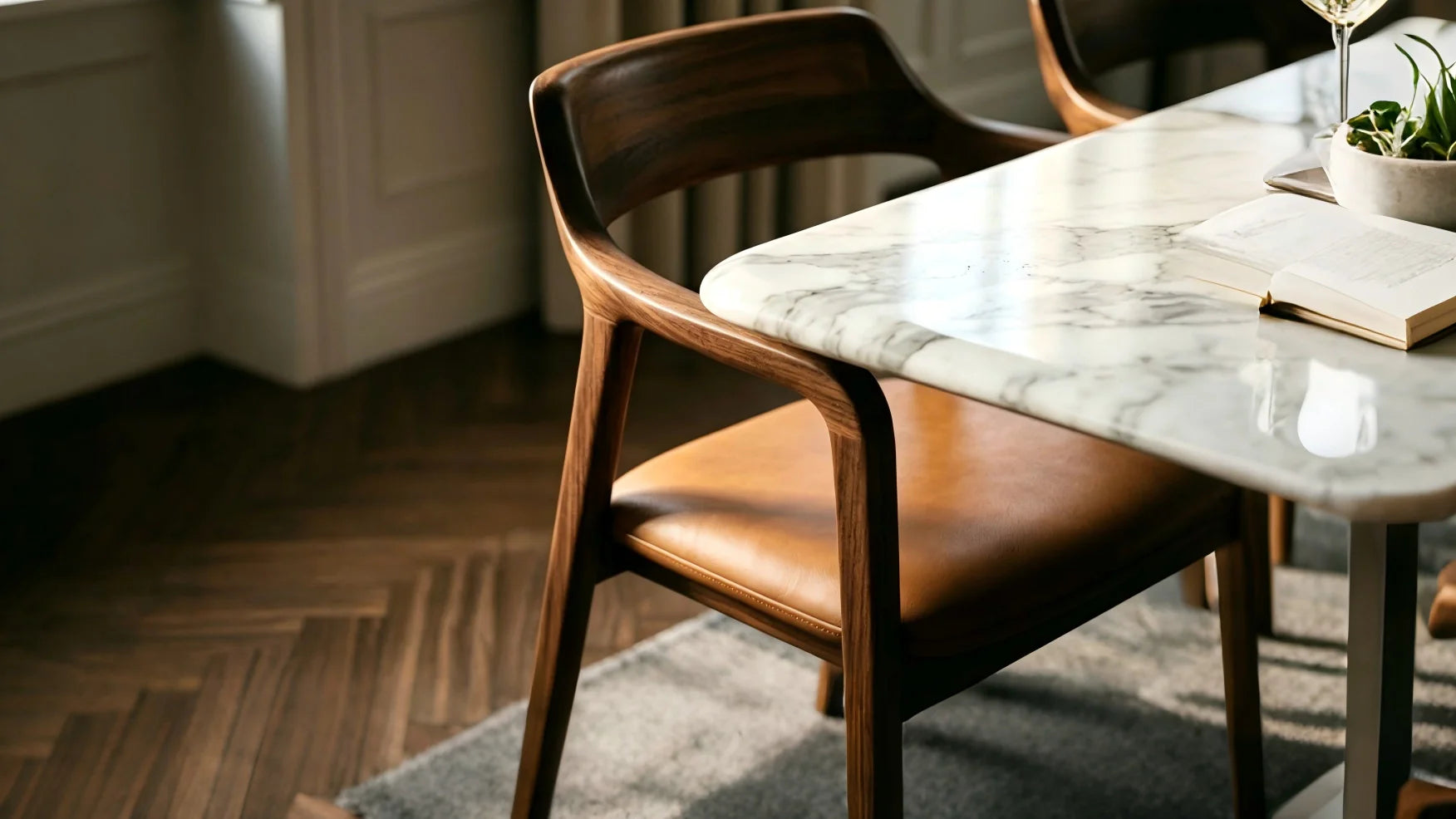 puwabi dining chairs made of wood and with a marble dining tables in the hotel