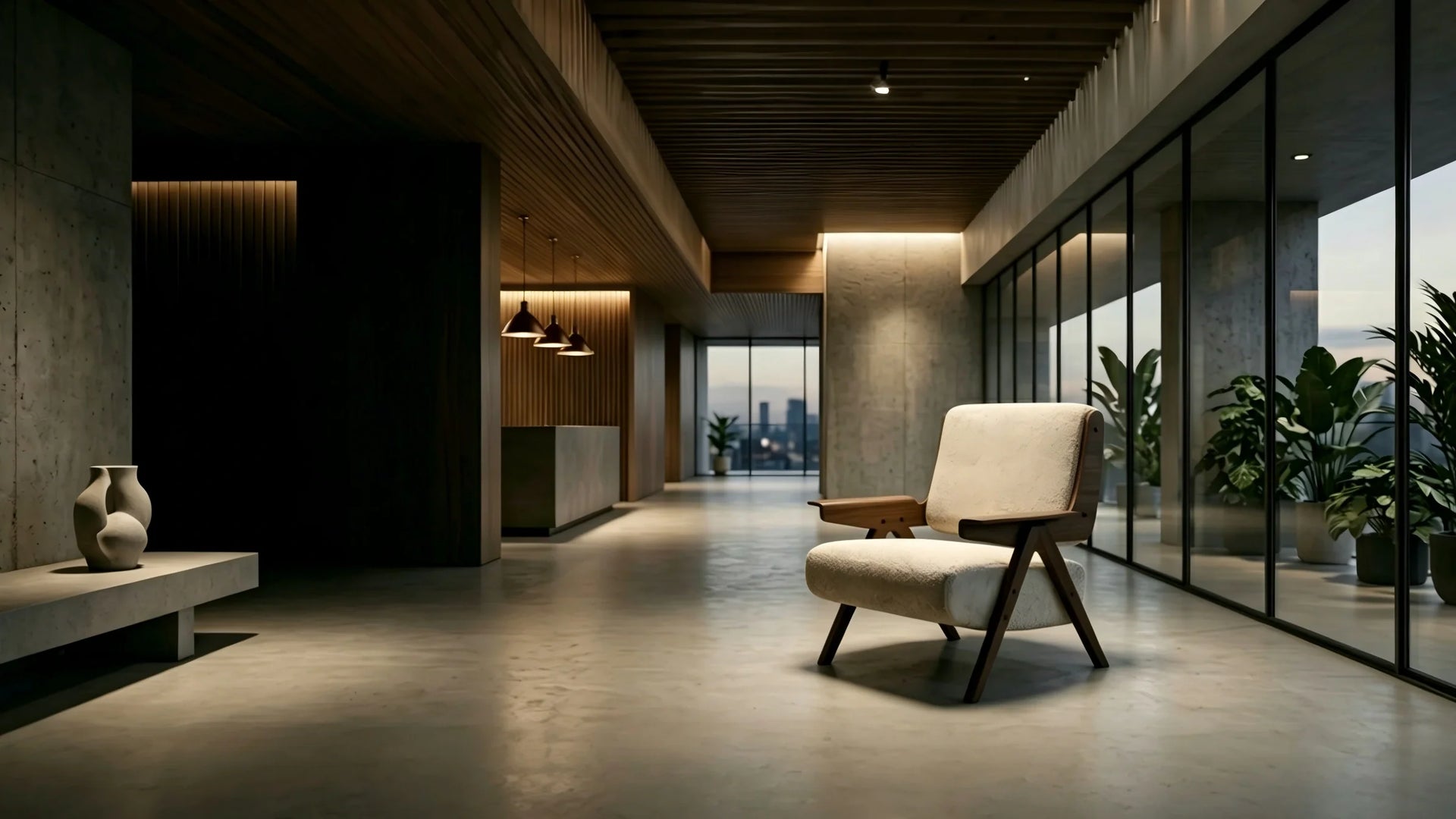 A cinematic 16:9 wide-angle shot of a single Puwabi leisure chair in a minimalist luxury hotel lobby.
