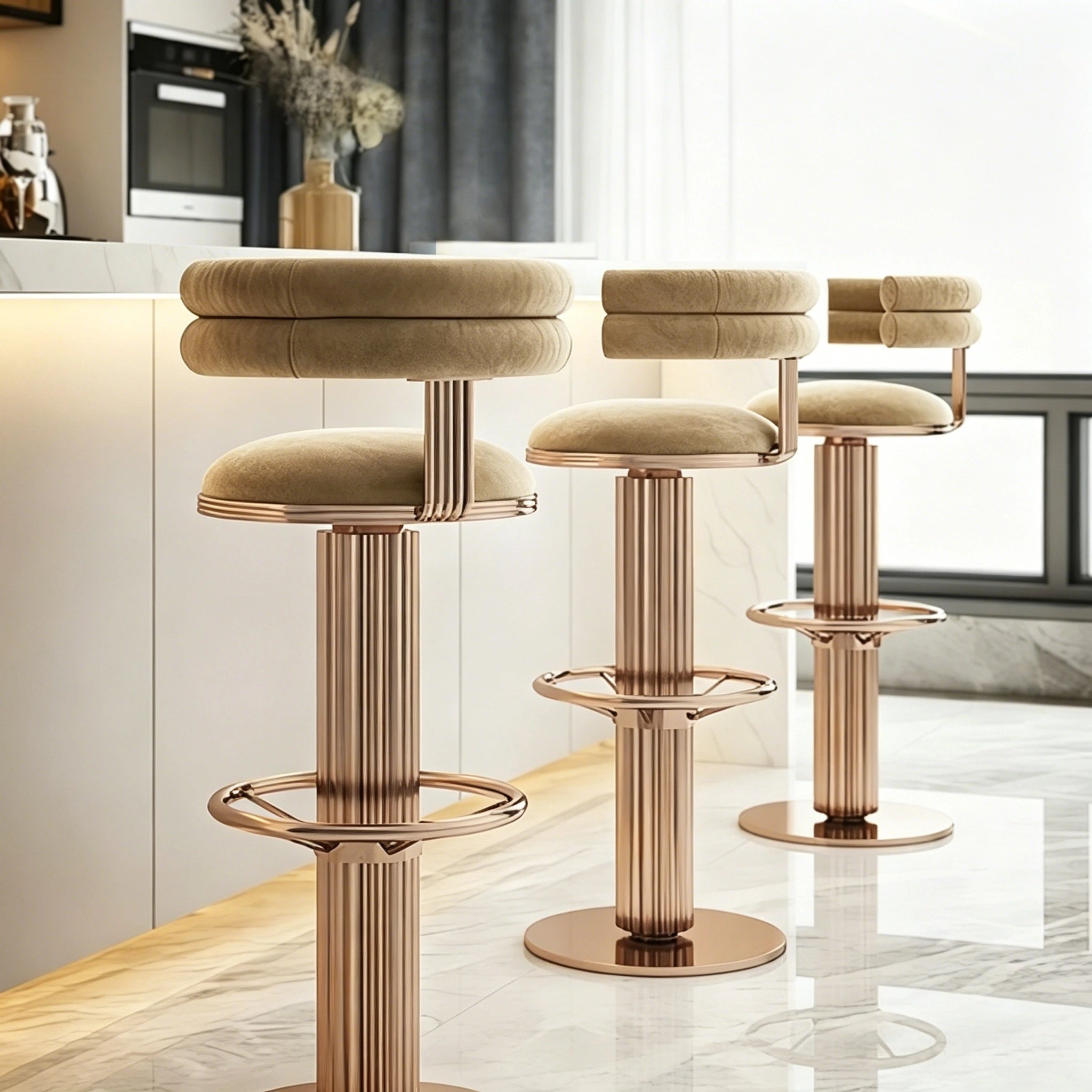 Puwabi J2230 Fluted Gold Pedestal Art Deco Bar Stool | Contract Furniture MOQ 50