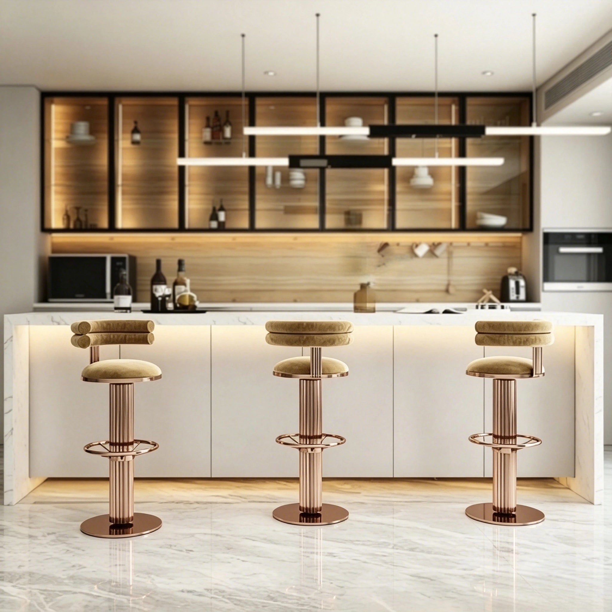 Puwabi J2230 Fluted Gold Pedestal Art Deco Bar Stool | Contract Furniture MOQ 50