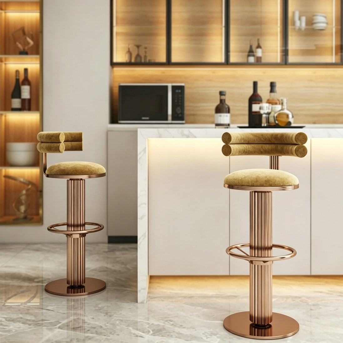 Puwabi J2230 Fluted Gold Pedestal Art Deco Bar Stool | Contract Furniture MOQ 50