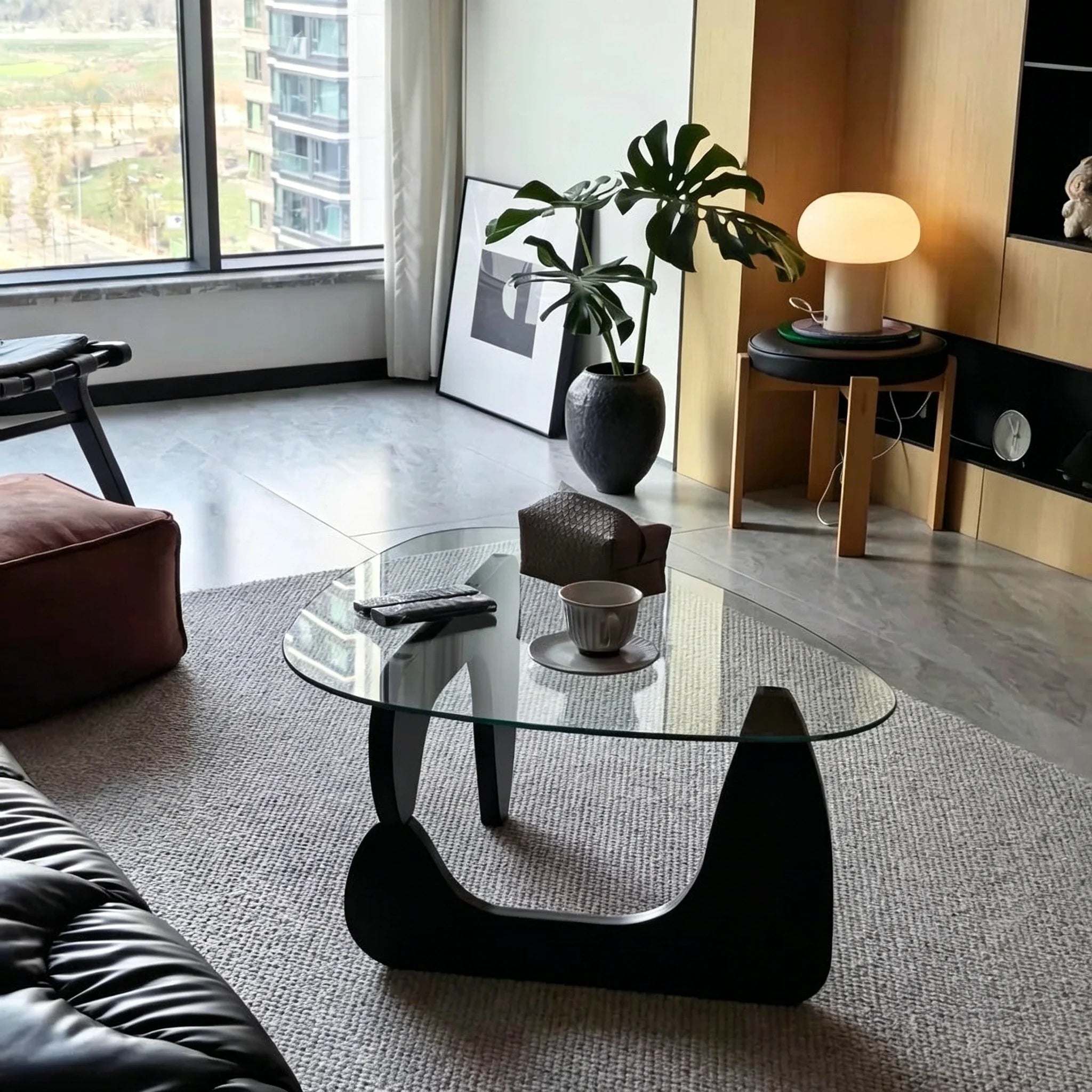 Puwabi LA326 Asymmetrical Wood Base Glass Coffee Table | Hospitality Furniture MOQ 30