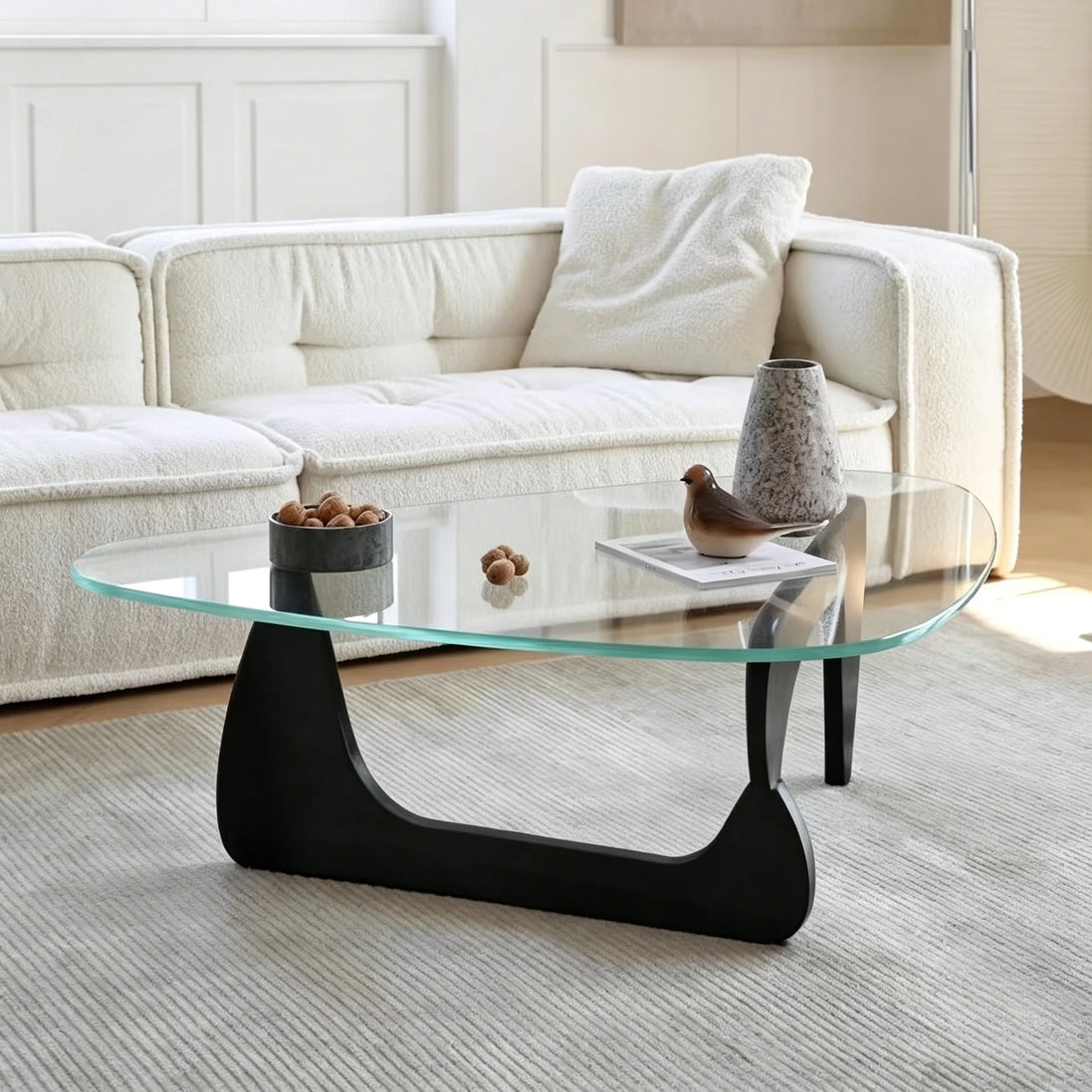 Puwabi LA326 Asymmetrical Wood Base Glass Coffee Table | Hospitality Furniture MOQ 30
