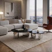 Puwabi LA712 Polished Stainless Steel & Black Wood Coffee Table Set | Hospitality Furniture MOQ 30