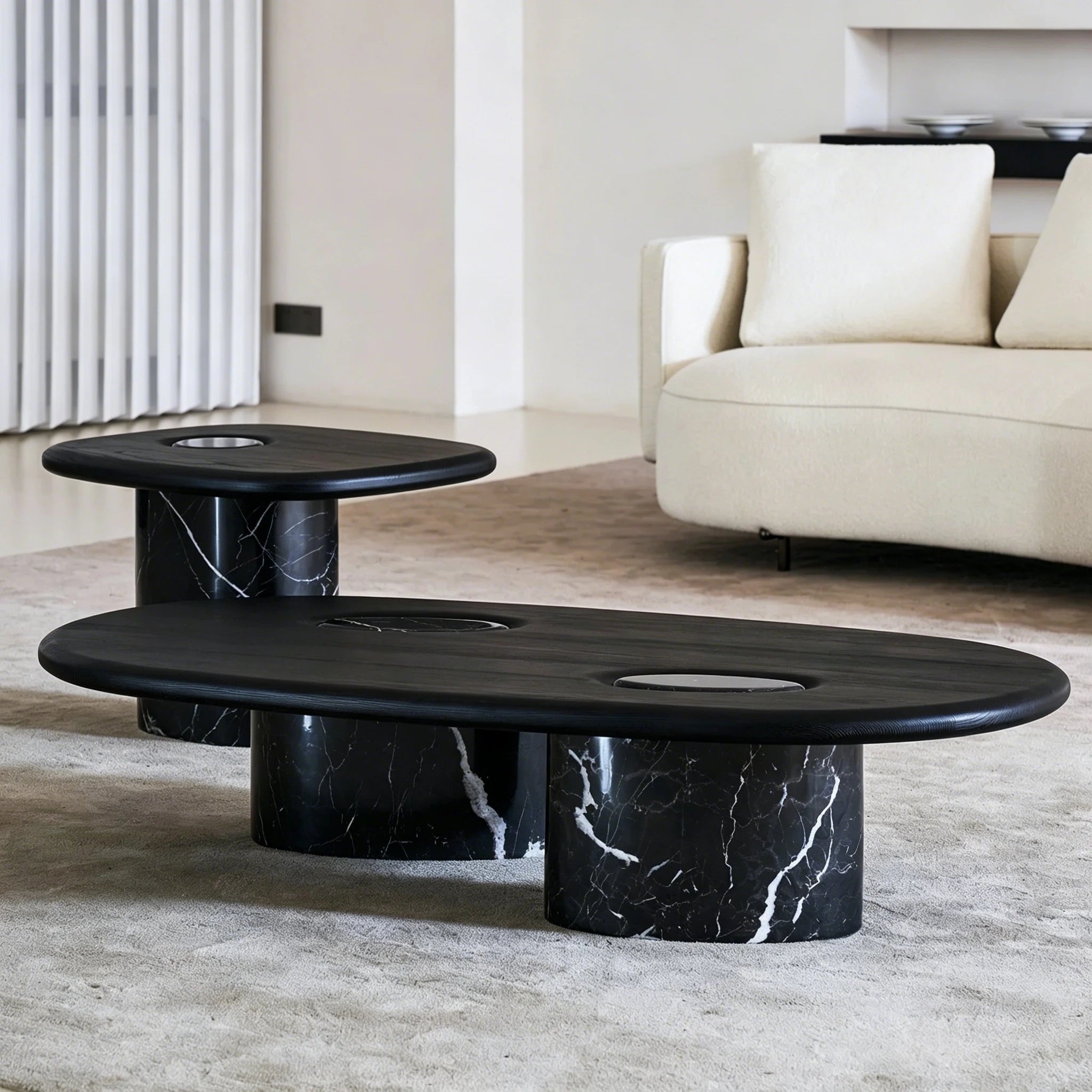 Puwabi LA721 Nero Marquina Marble & Ash Wood Coffee Table Set | Hospitality Furniture MOQ 30