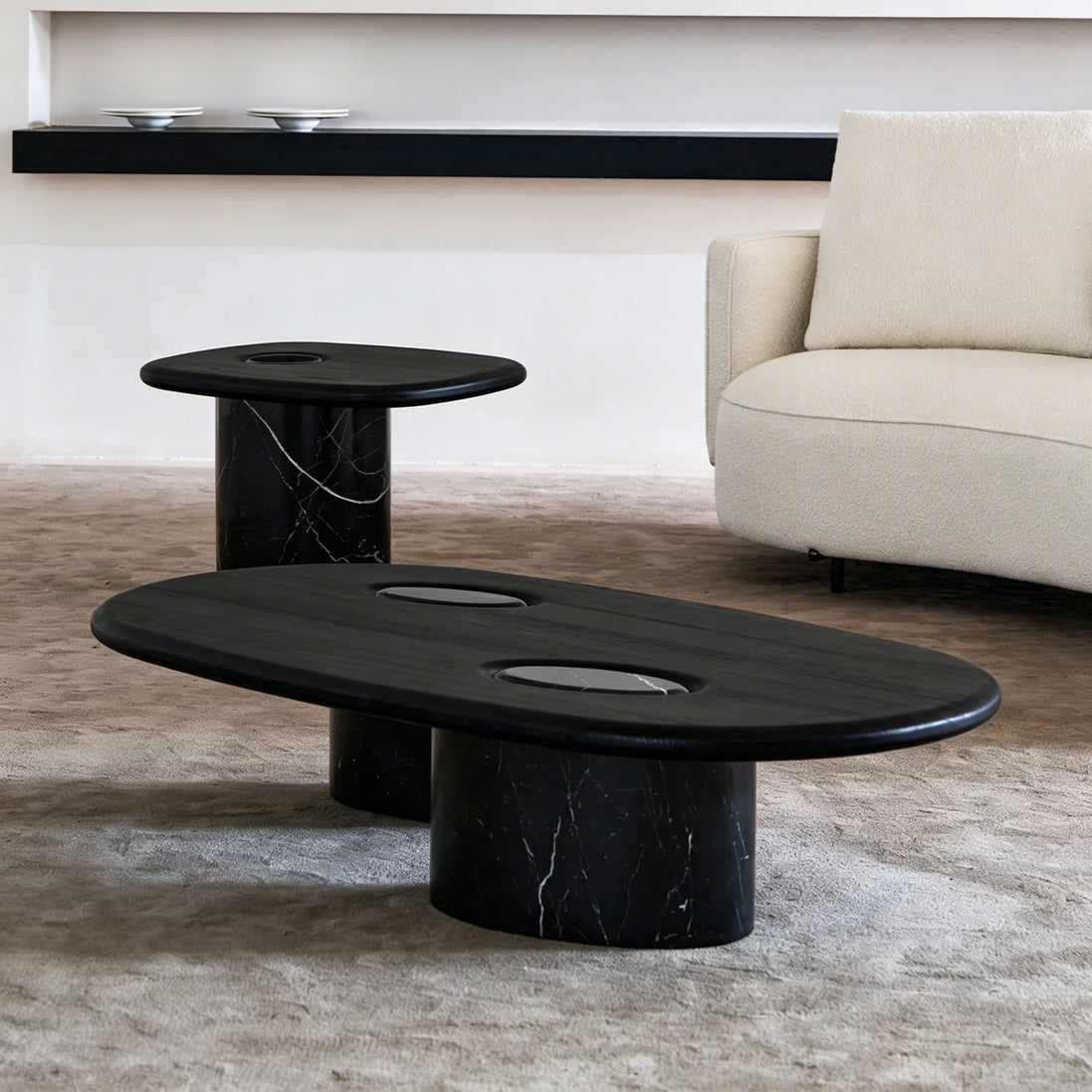 Puwabi LA721 Nero Marquina Marble & Ash Wood Coffee Table Set | Hospitality Furniture MOQ 30
