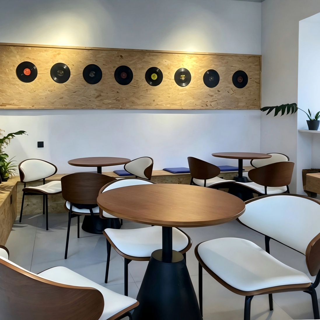 Set of Puwabi KY-005 curved back upholstered dining chairs with cushioned seats and wooden legs, arranged in a modern dining room setting.