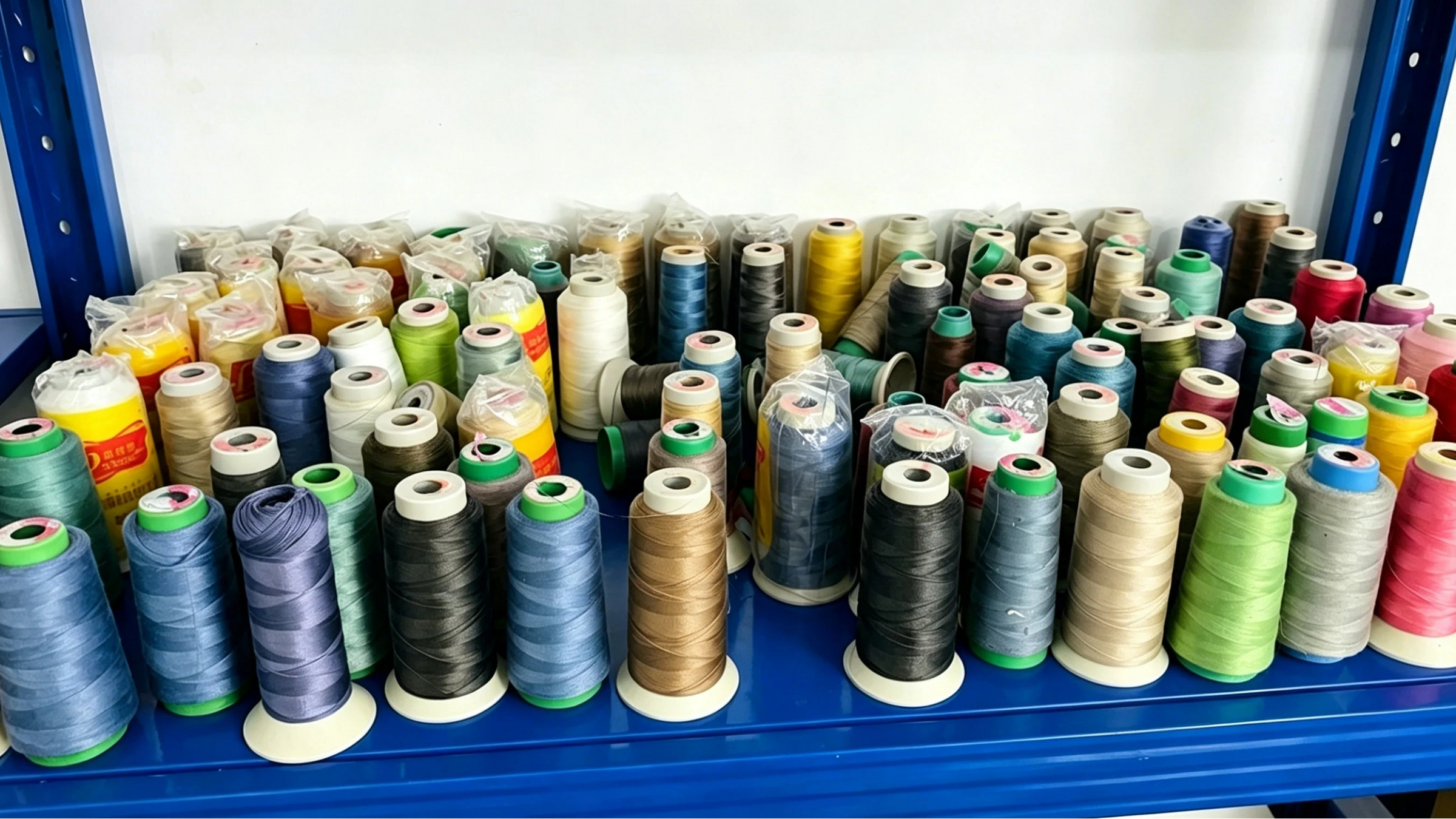 Assorted spools of thread on a blue shelf