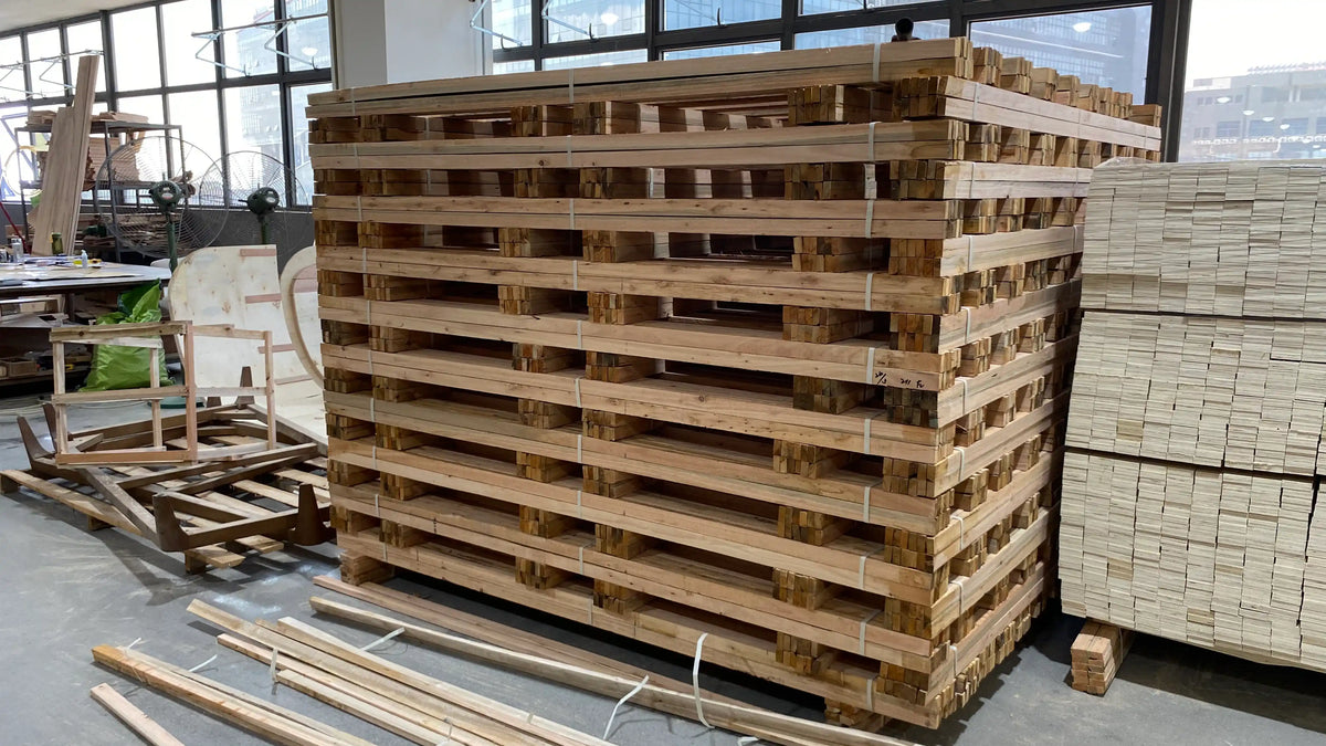 Stack of wooden pallets in a warehouse setting