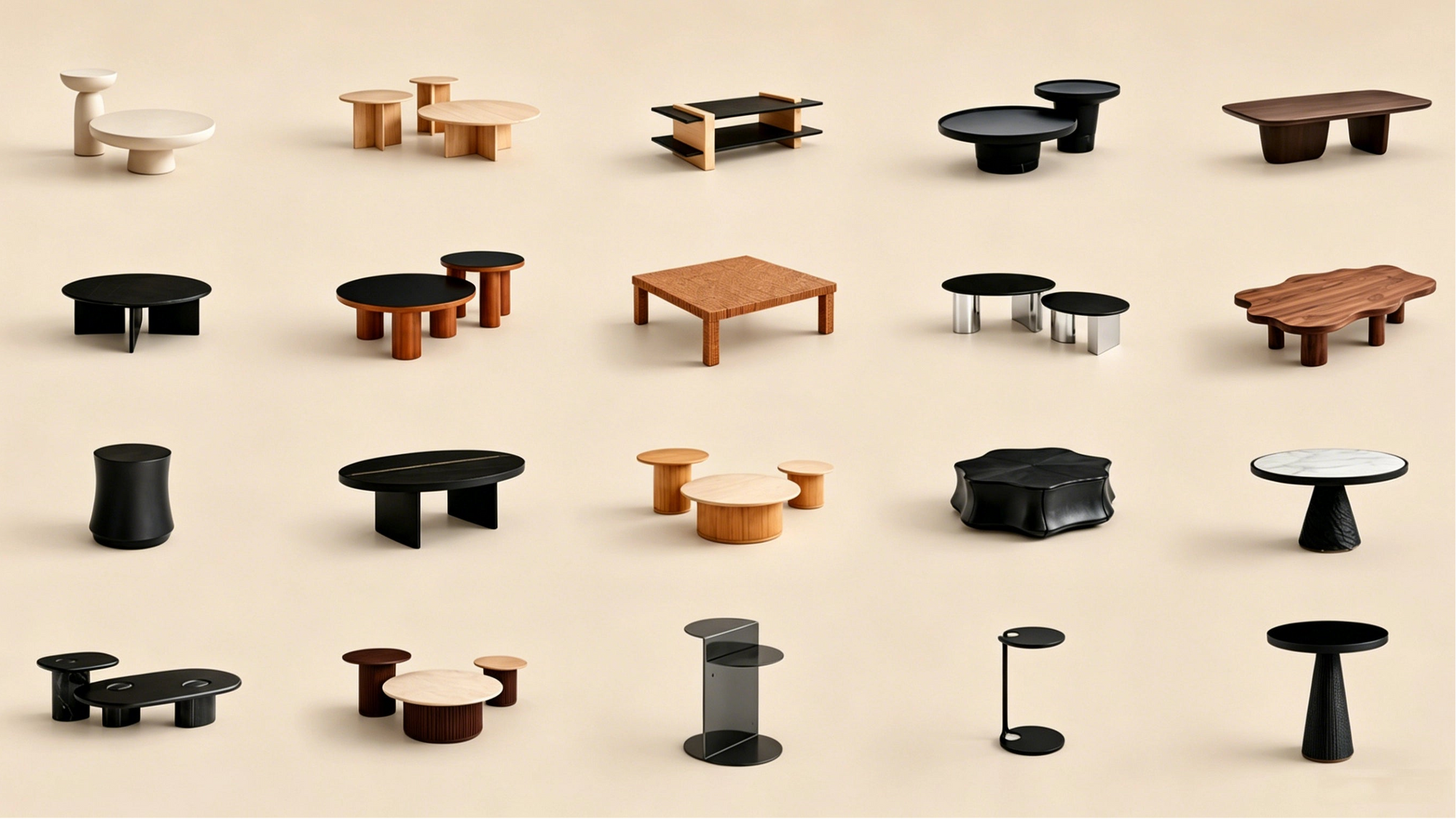 Various tables of different shapes and sizes on a beige background