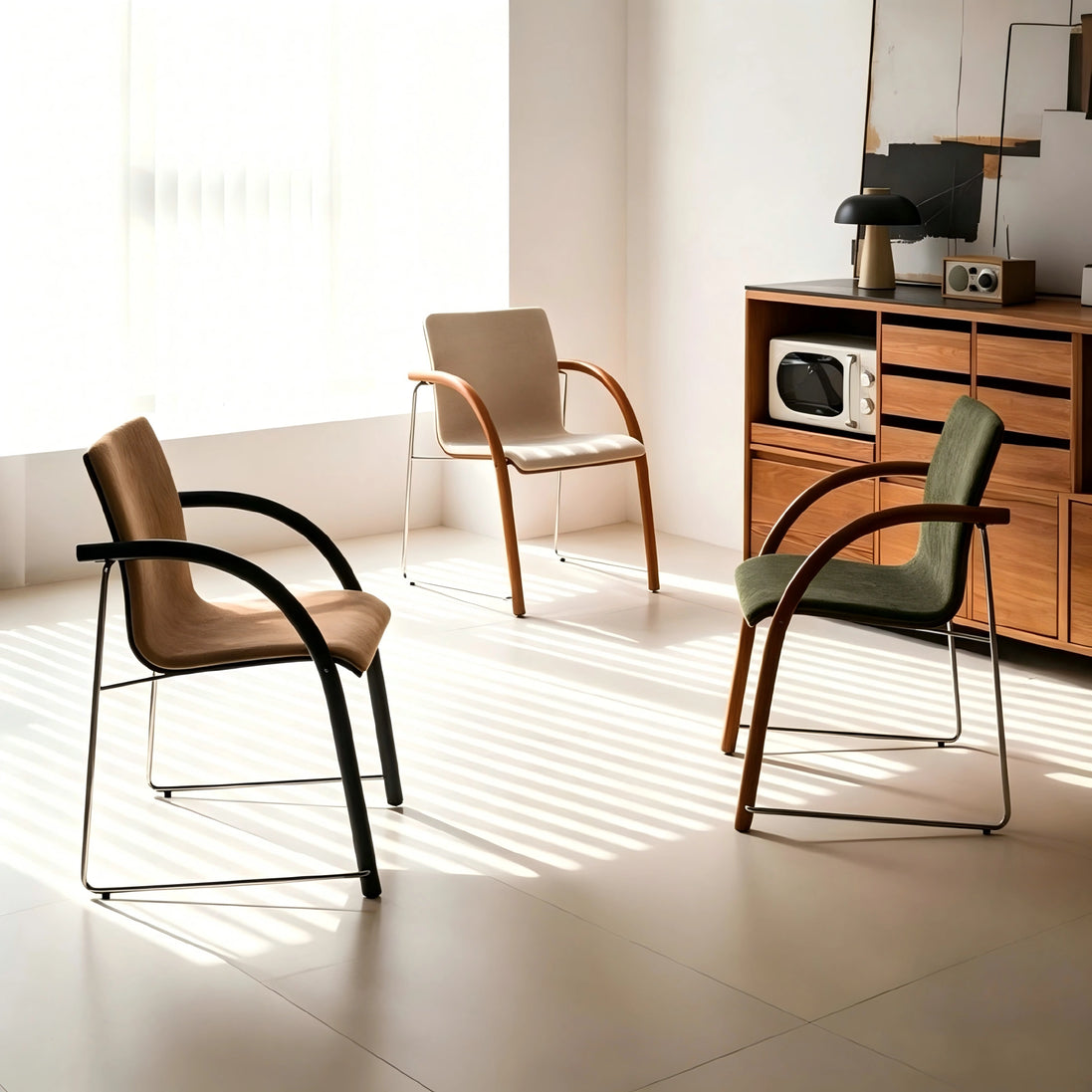 Puwabi X6209 solid ash and stainless steel dining armchair with cushioned seat and modern design, shown from side angle.
