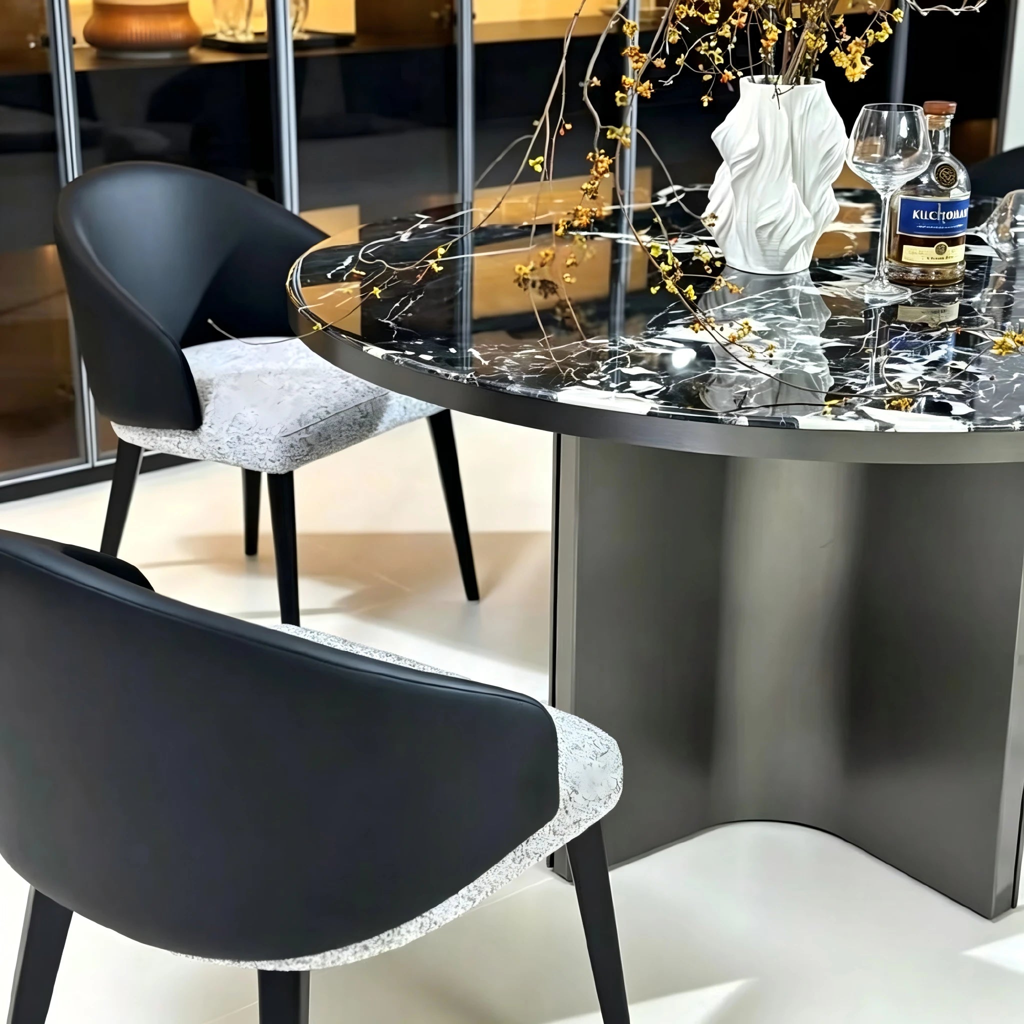 Puwabi X3047 mixed-material barrel dining chair with wooden legs and upholstered seat, modern design for contract dining spaces.