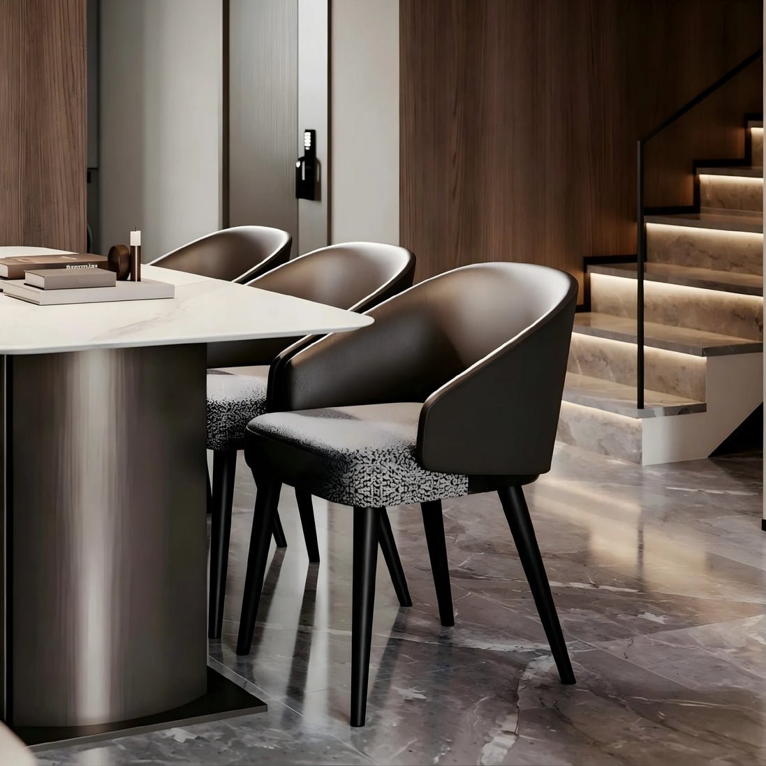 Puwabi X3047 mixed-material barrel contract dining chair with wooden legs and upholstered seat, modern design, image showing side view
