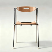 Puwabi X6198 architectural folding dining chair with wooden frame and fabric seat, shown in a modern interior setting
