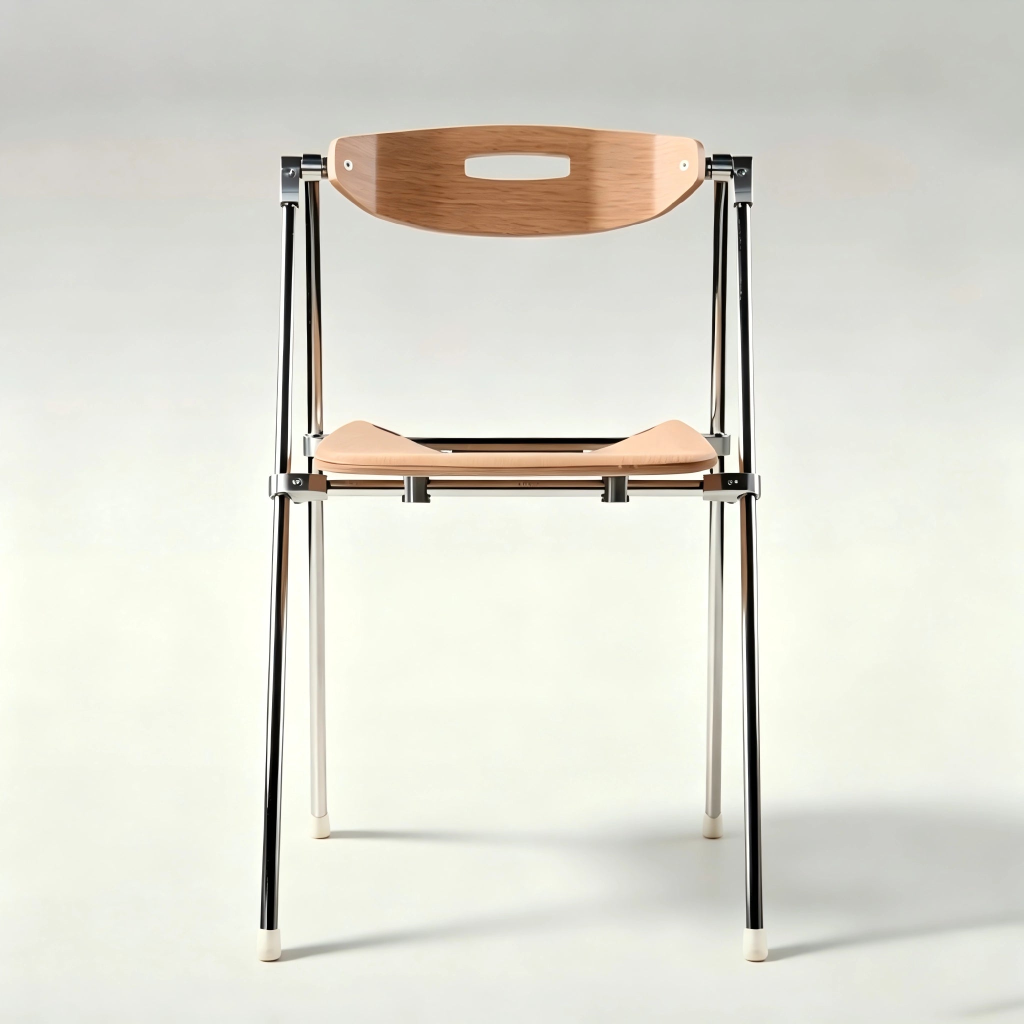 Puwabi X6198 architectural folding dining chair with wooden frame and fabric seat, shown in a modern interior setting
