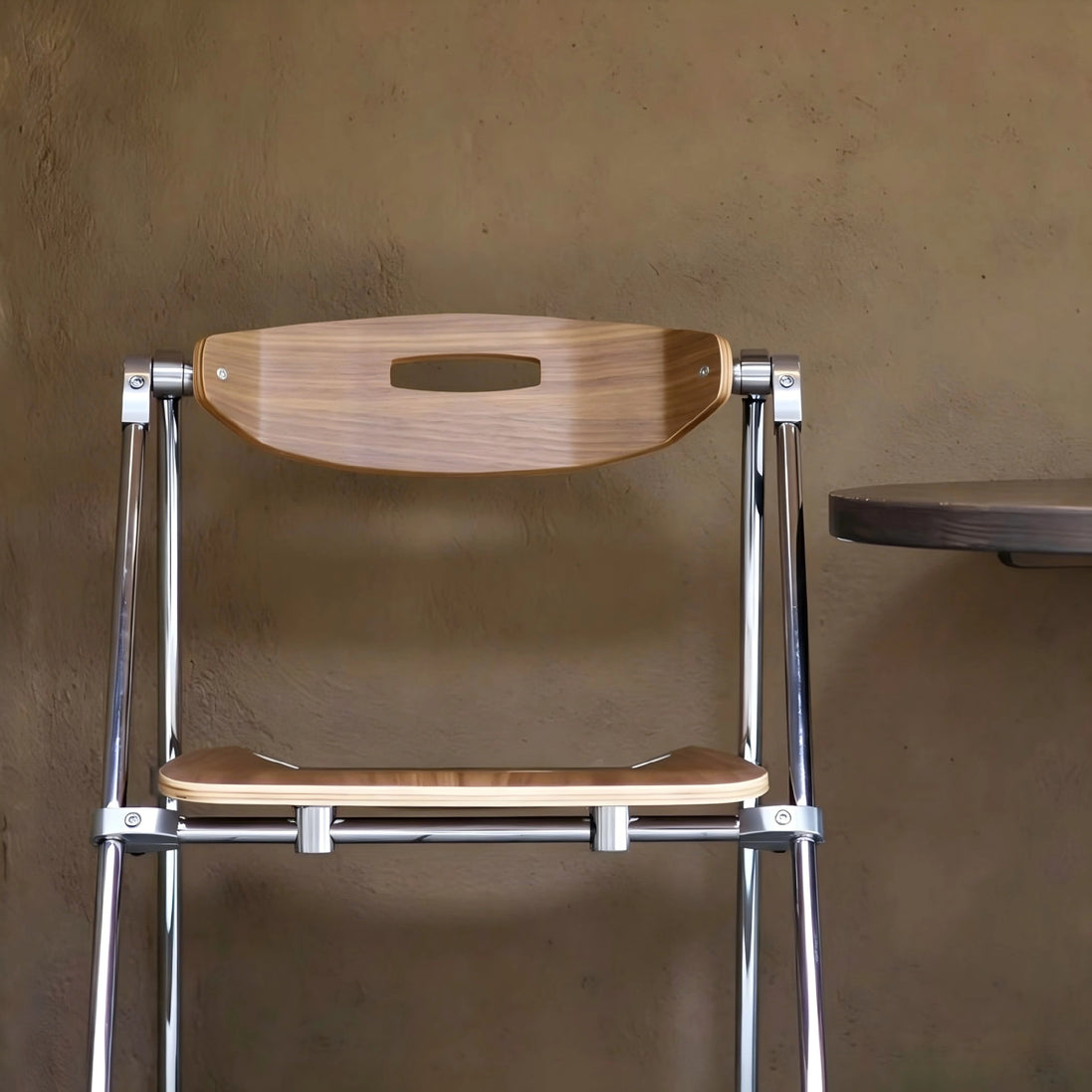 Puwabi X6198 architectural folding contract dining chair with wooden frame and fabric seat, displayed in a modern setting.