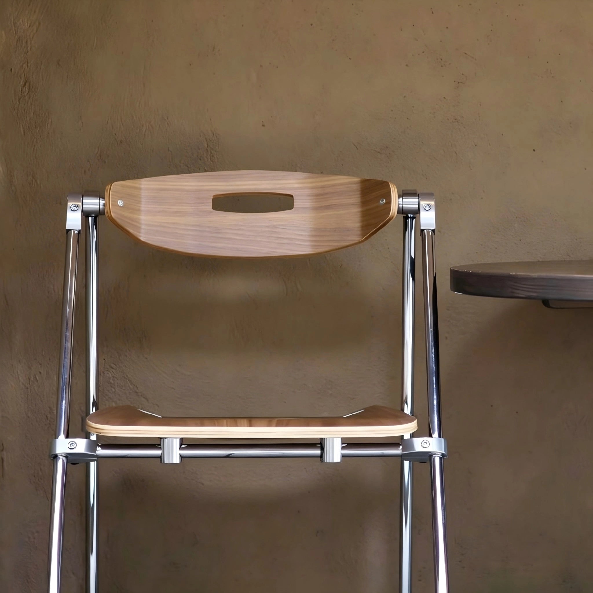 Puwabi X6198 architectural folding contract dining chair with wooden frame and fabric seat, displayed in a modern setting.