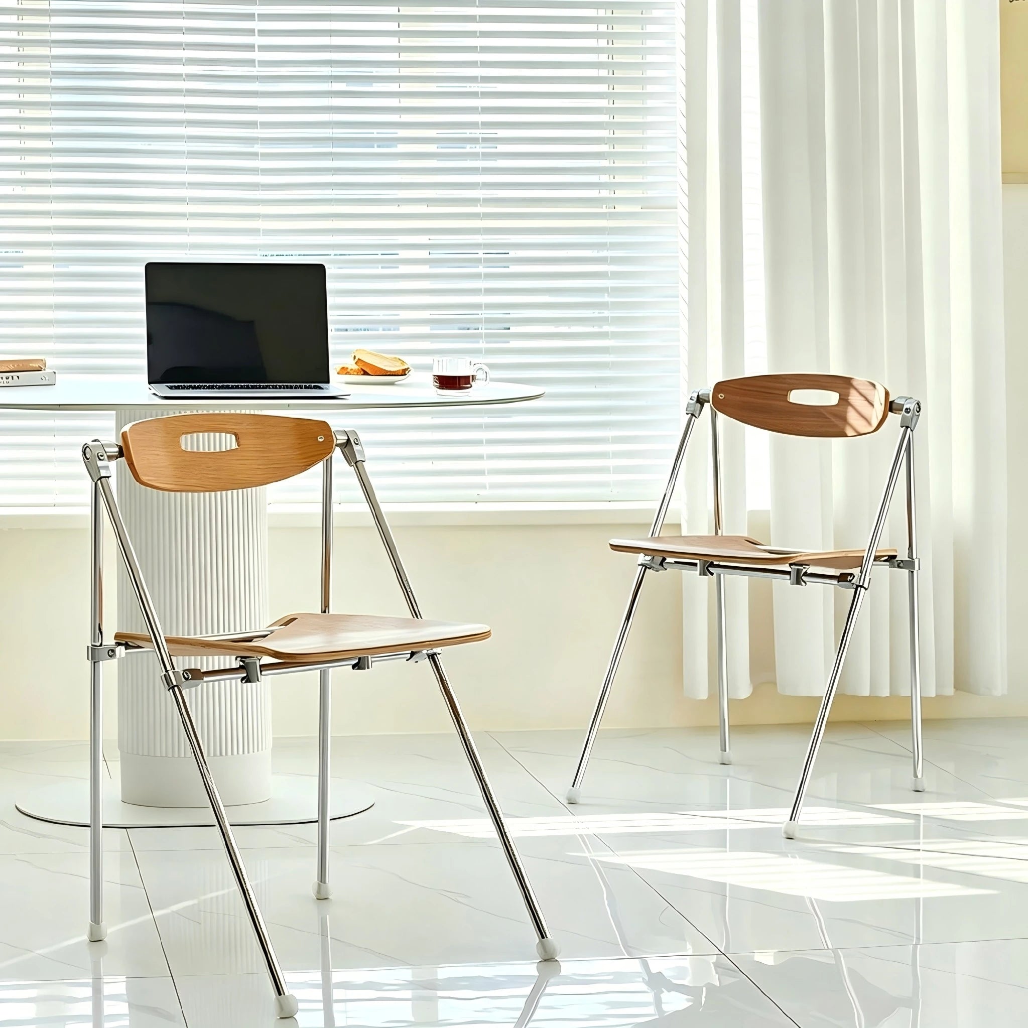 Puwabi X6198 architectural folding dining chair with wooden frame and fabric seat, designed for modern contract use.