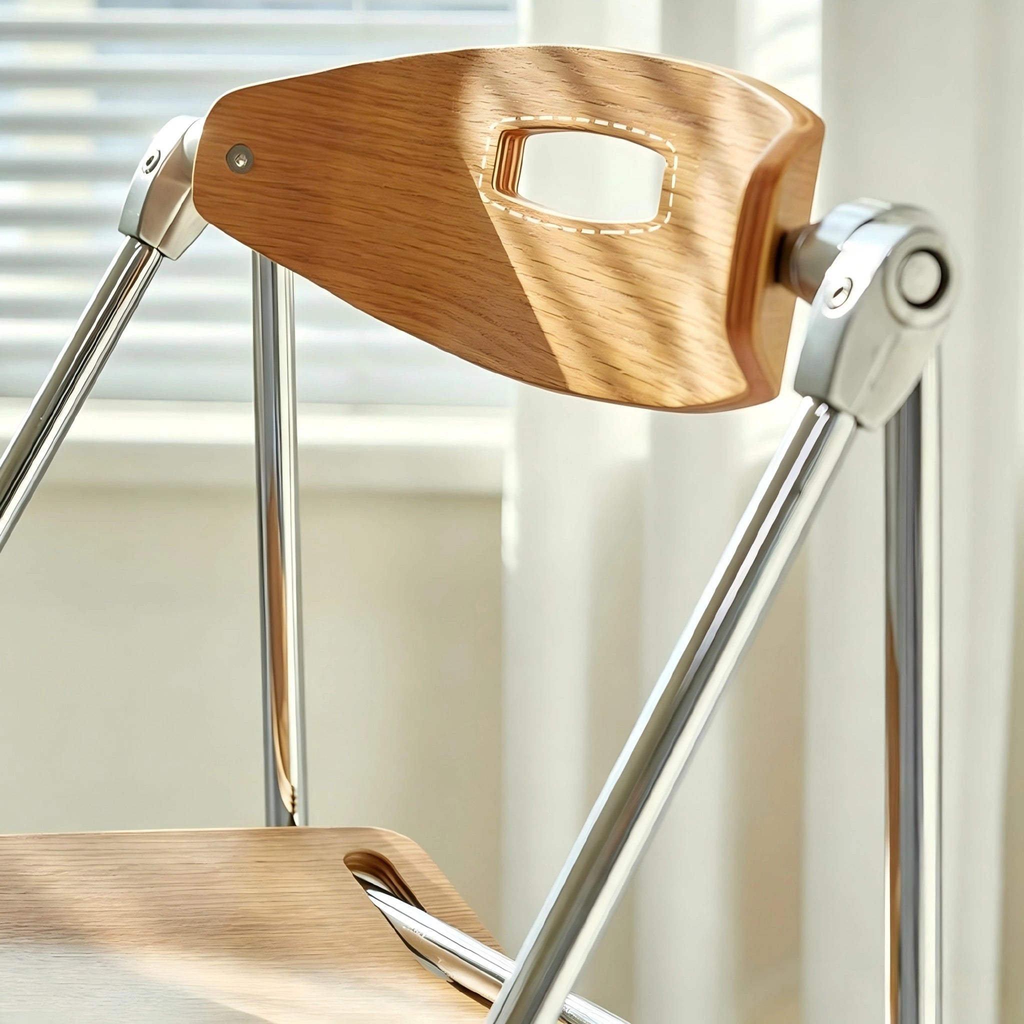 Puwabi X6198 architectural folding dining chair with wooden frame and fabric seat, shown folded and in use.