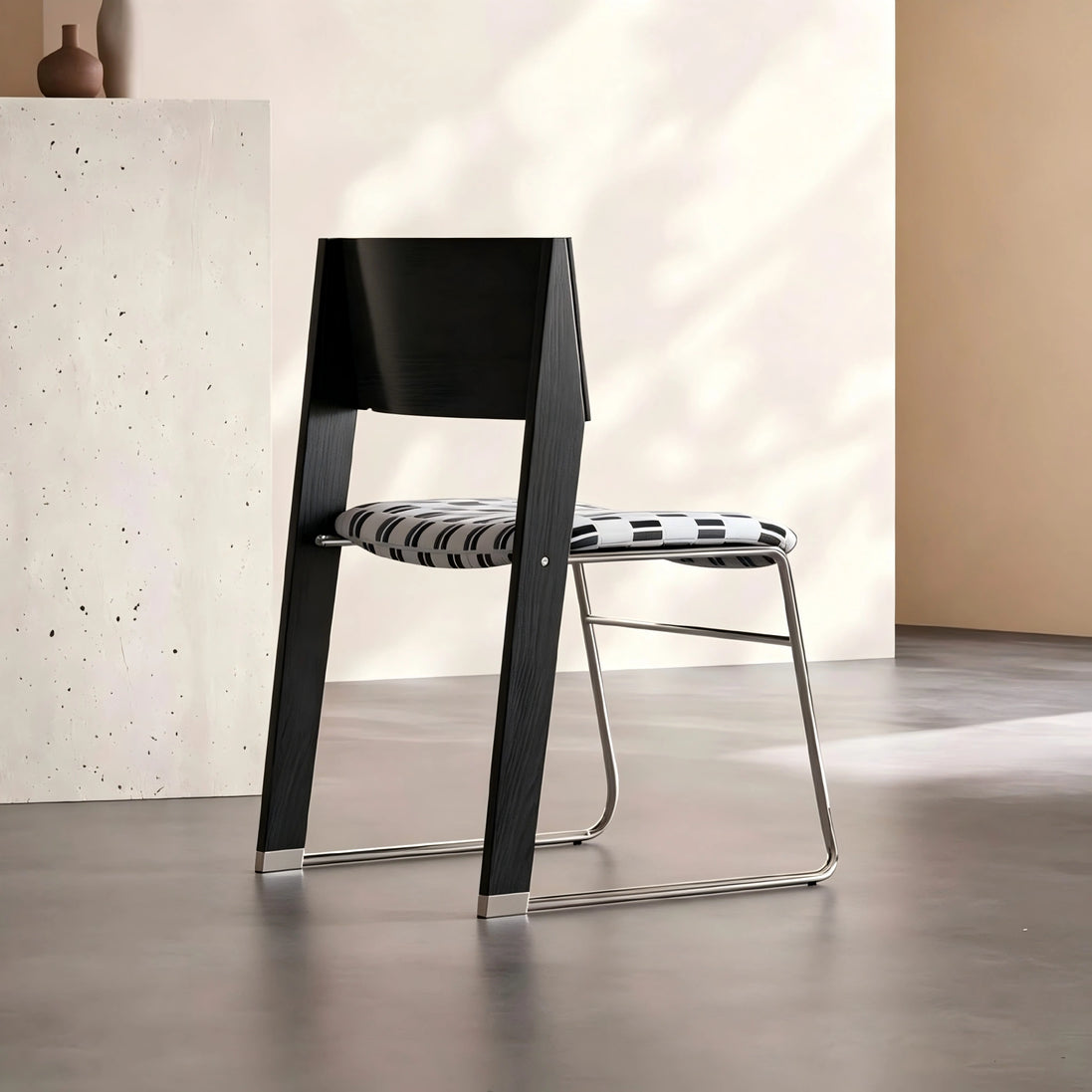 Puwabi X6210 architectural mixed-material dining chair with sleek design, featuring wooden and metal elements for modern contract dining spaces.