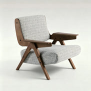 Modern chair with wooden frame and gray cushion on a white background