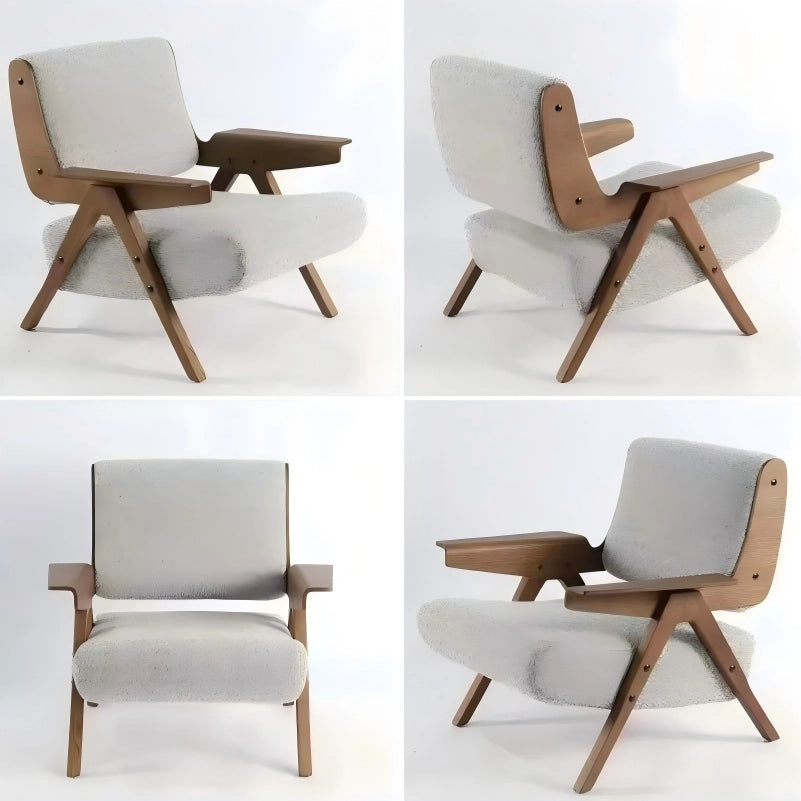 Four views of a modern chair with wooden frame and white cushioned seat and backrest.