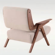 Modern chair with wooden frame and beige cushion on a white background