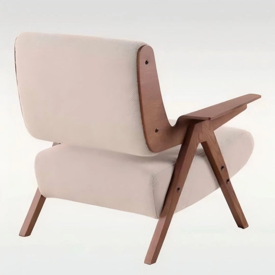 Modern chair with wooden frame and beige cushion on a white background