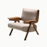 Modern chair with wooden frame and beige cushion on a white background