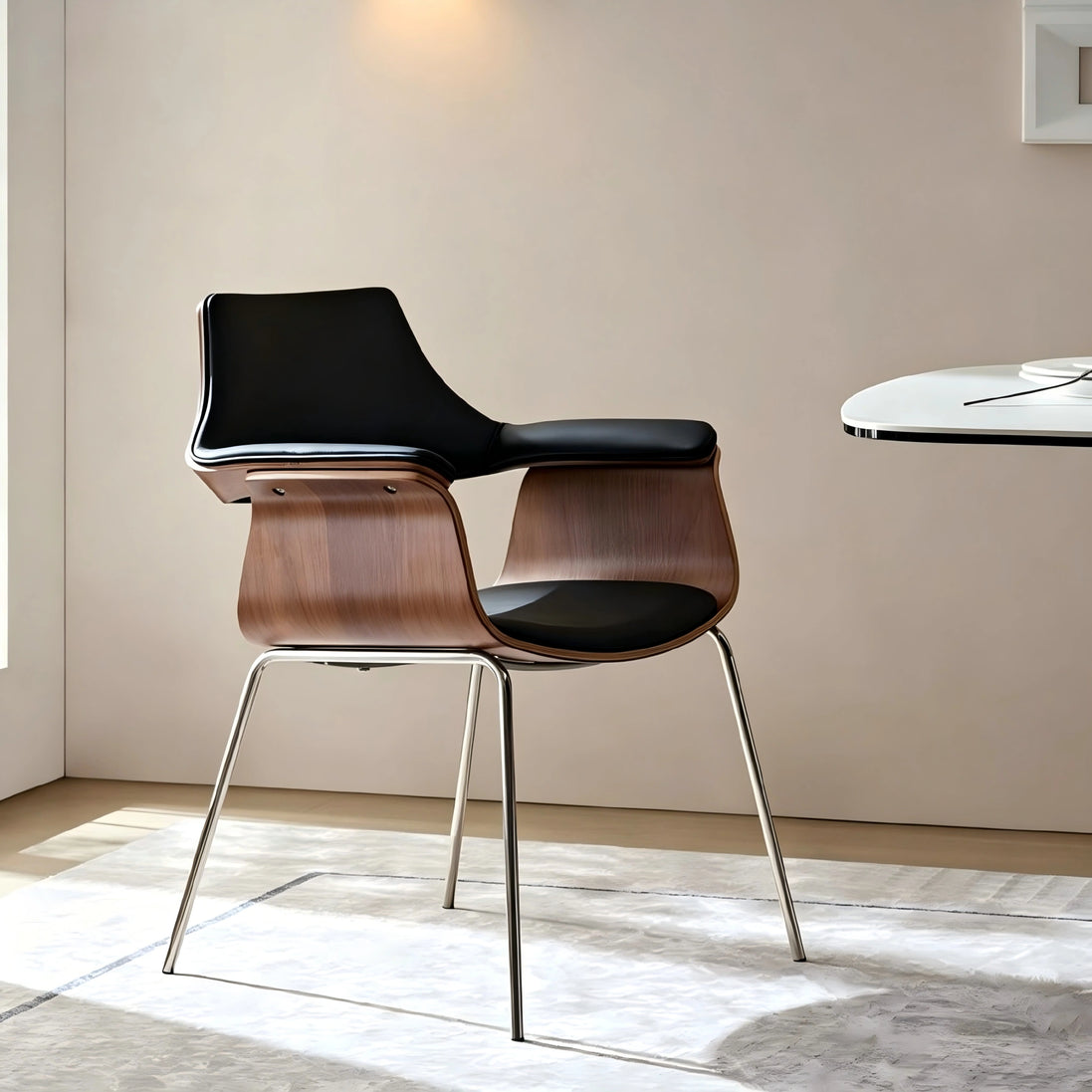 Puwabi X6119 sculptural bentwood contract dining armchair with curved wooden frame and padded seat, designed for commercial dining spaces.