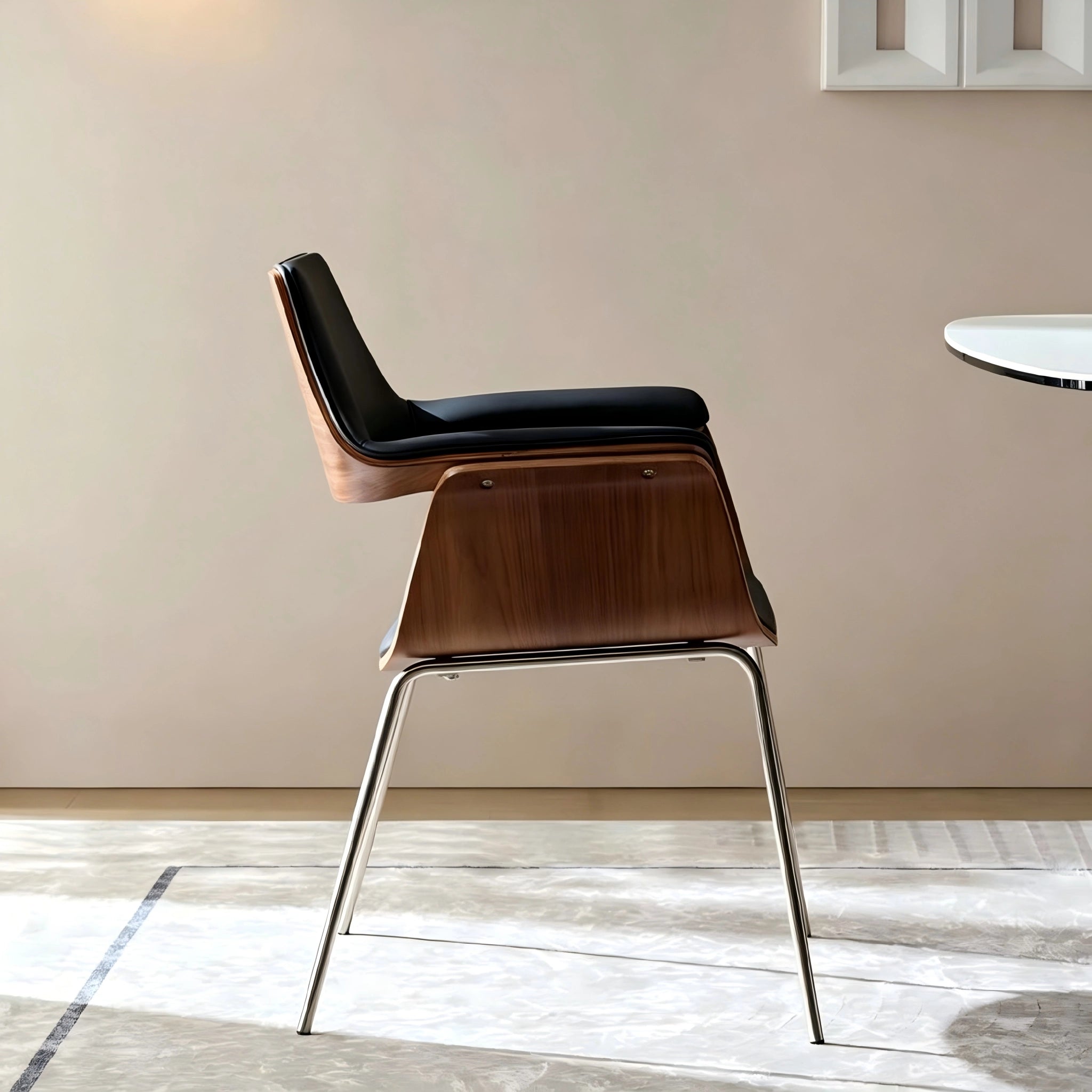 Puwabi X6119 sculptural bentwood contract dining armchair with curved wooden frame and upholstered seat, modern design for dining rooms